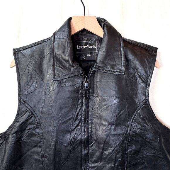 LEATHER WORKS Patchwork‎ Vest Unisex XXXL Motorcycle Riding Black Biker Moto Zip - Picture 2 of 11